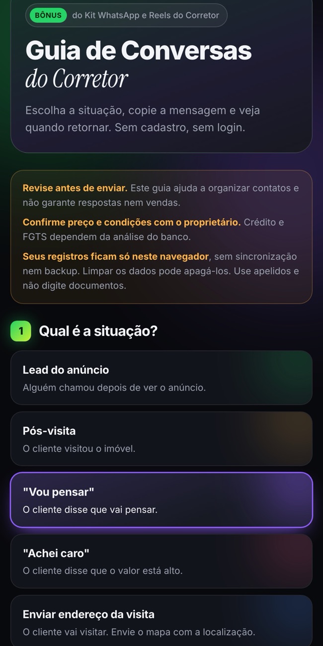 Tela inicial do app: escolha da situação do cliente