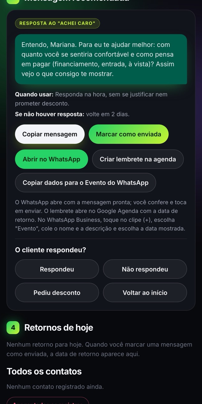 Tela da mensagem pronta com botões Copiar e Abrir no WhatsApp