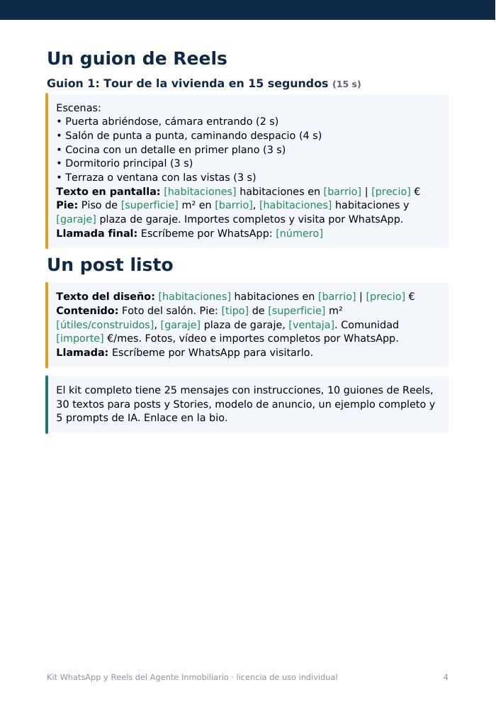 Página 4 de la muestra: guion de Reels de 15 segundos y un post listo
