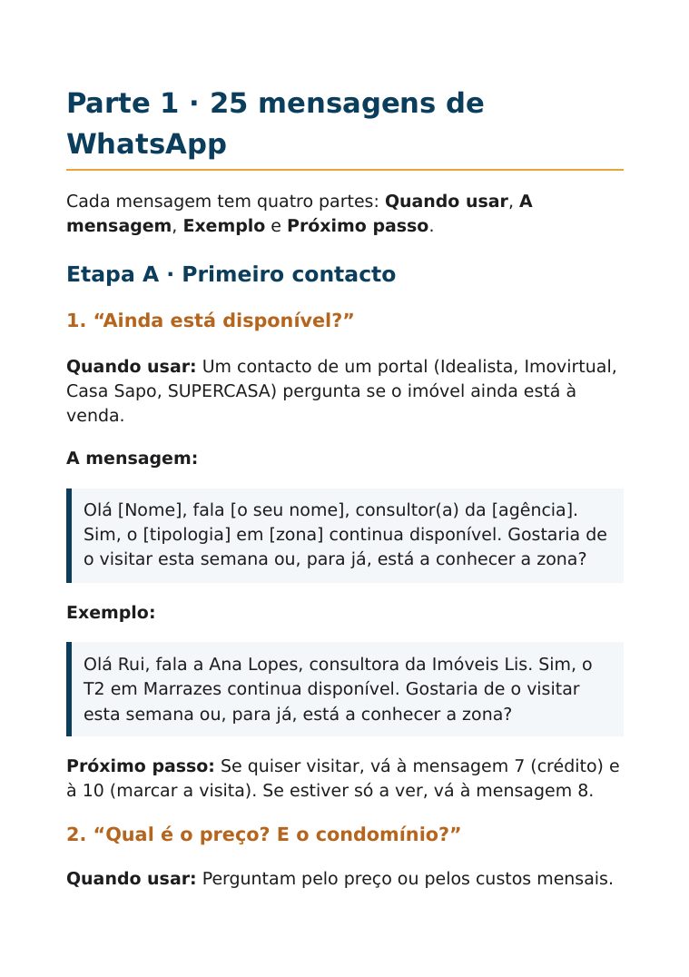 Página do kit: Parte 1, mensagens 1 e 2 com exemplos preenchidos