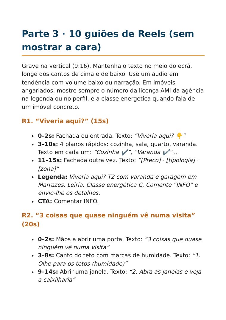 Página do kit: Parte 3, guiões de Reels R1 e R2